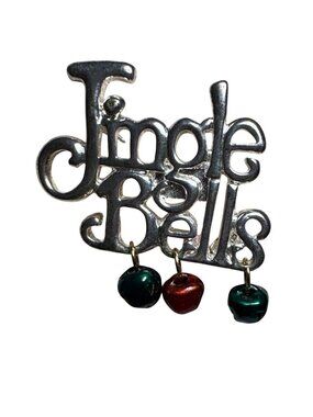 Jingle Bells Silver Tone Pin Red & Green Baubles Signed AA i 1 Inch Christmas